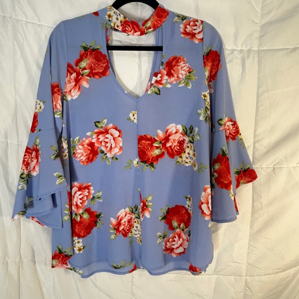 Peppermint Blue Floral Bell Sleeve Cutout Choker‎ Neck Blouse Top Size S